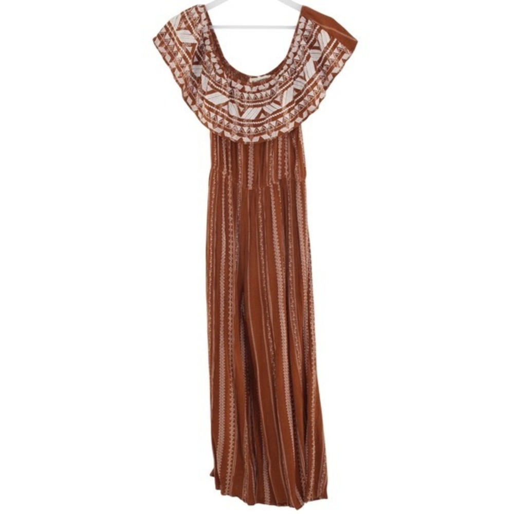 Savanna Jane Jumpsuit Boho Embroidered Off Shoulder Size L Rust Orange